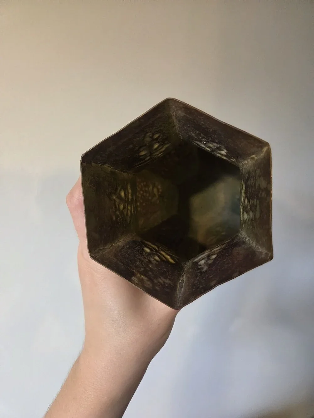 Vintage Etched Brass Vase Hexagon Shape Grapevine Embossed Heavy Metal Home Deco